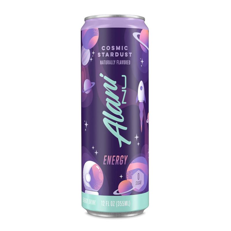 Front of Alani NU Energy Cosmic Stardust can showing purple design, logo, and details with 355ml size.