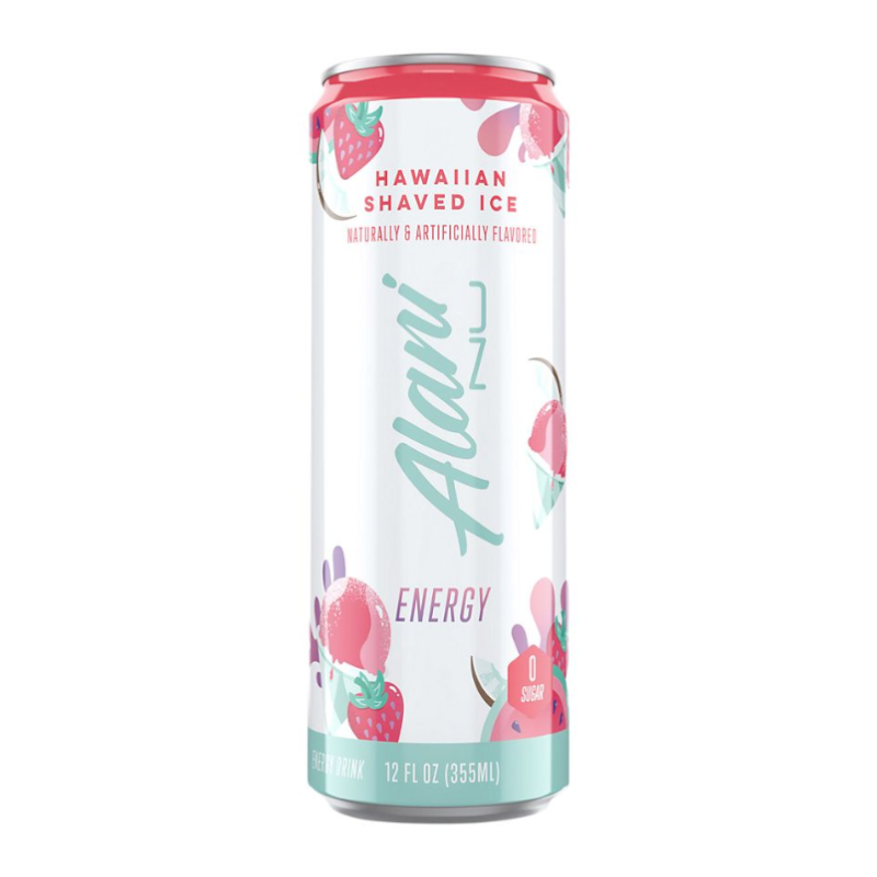 Front of Alani NU Energy can showcasing Hawaiian Shaved Ice flavour and vibrant design (355ml)
