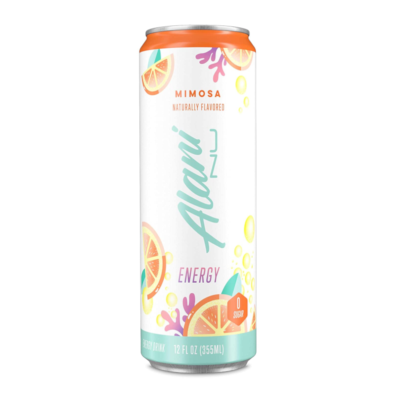 Front of Alani NU Energy Mimosa can showing brand logo, mimosa flavour, and zero sugar label (355ml pack)