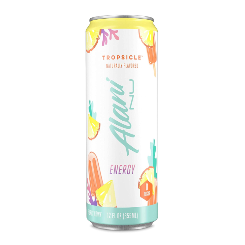 Front of Alani NU Energy Tropsicle can featuring vibrant logo, tropical illustrations, and details highlighting 355ml and zero sugar.