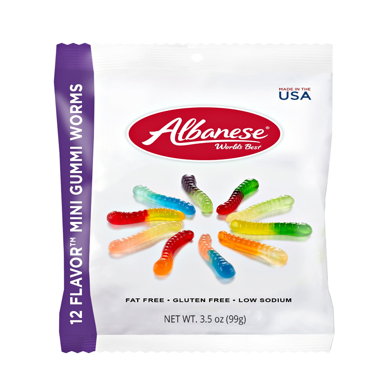 Front of Albanese 12 Flavour Mini Gummi Worms bag showing colourful gummi worms, logo, gluten-free, fat-free, and low sodium claims (100g pack)