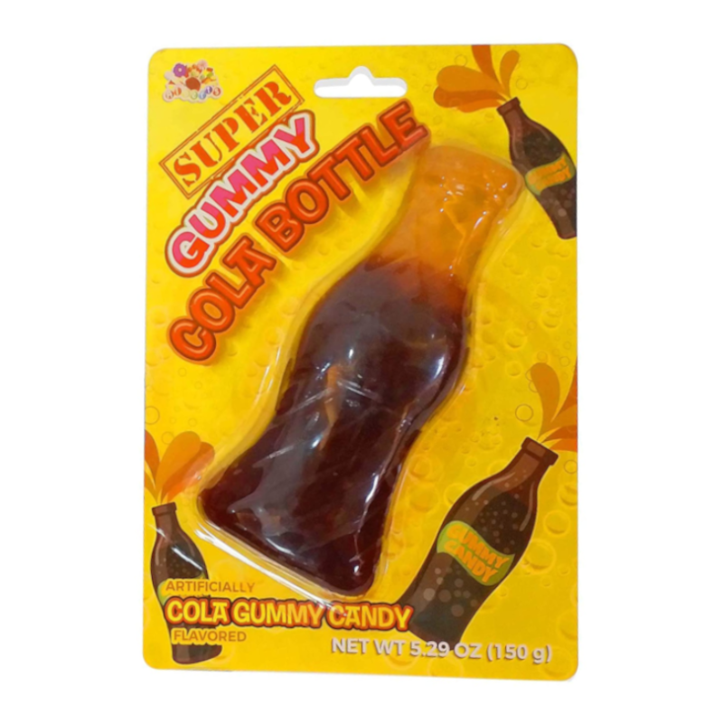Front of Albert's Super Gummy Cola Bottle package showcasing a bright yellow background, cola bottle shaped gummy candy, and product title (150g).