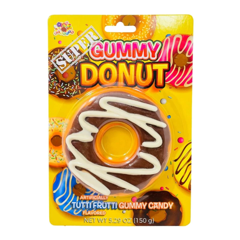 Front of Albert's Super Gummy Donut package featuring bright yellow background, logo, and a large gummy donut representation (150g pack)