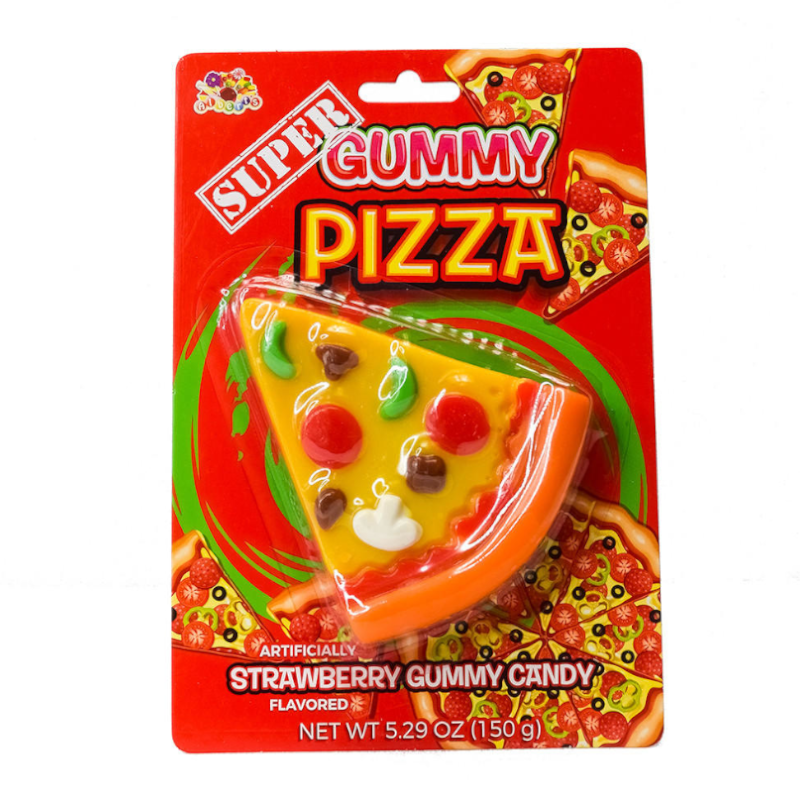 Front of Albert's Super Gummy Pizza packaging showing vibrant red background, gummy pizza slice with assorted toppings, and 150g net weight.