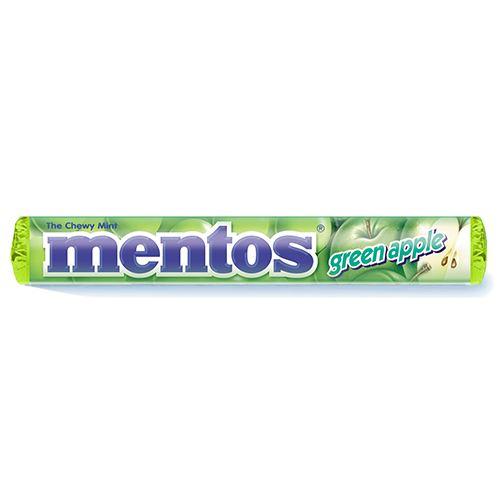 Front of Mentos Green Apple pack featuring the logo, green apple flavour design, and 37g quantity