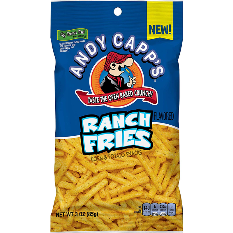Front of Andy Capp Ranch Fries pack showing logo, ranch flavour text, and image of the snacks (85g pack)