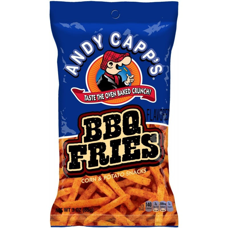 Front of Andy Capp BBQ Fries bag showing logo, BBQ flavour label, and corn and potato snacks with 85g pack size