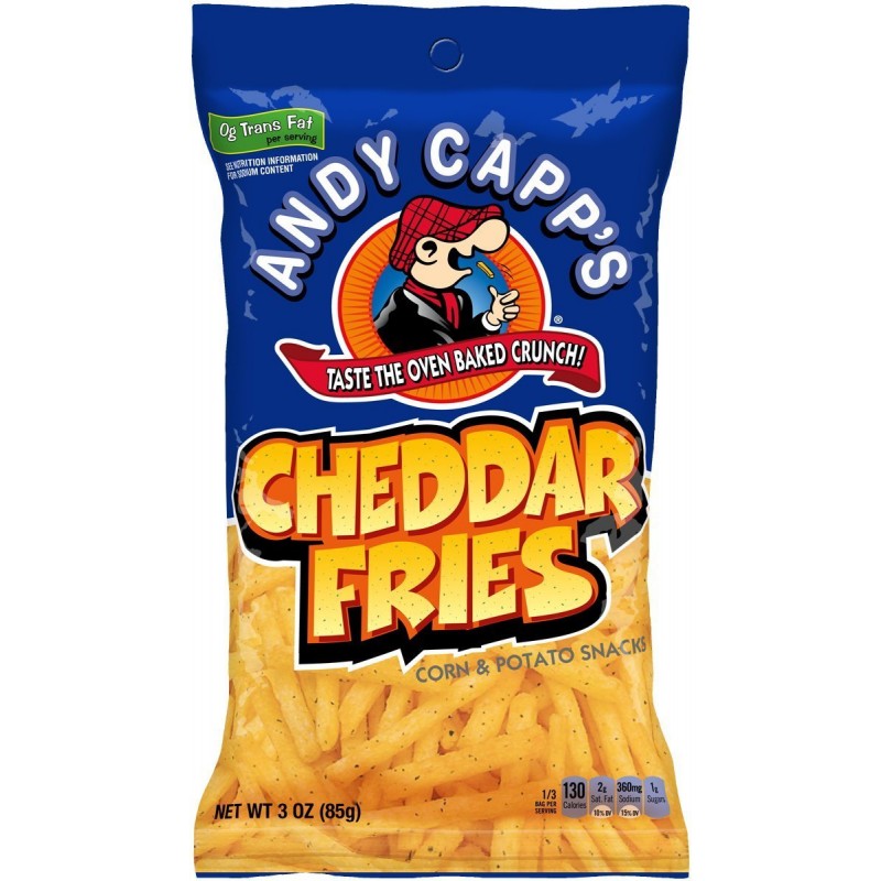 Front of Andy Capp Cheddar Fries bag featuring bold blue logo, cheddar flavour label, and image of crunchy fries (85g pack)