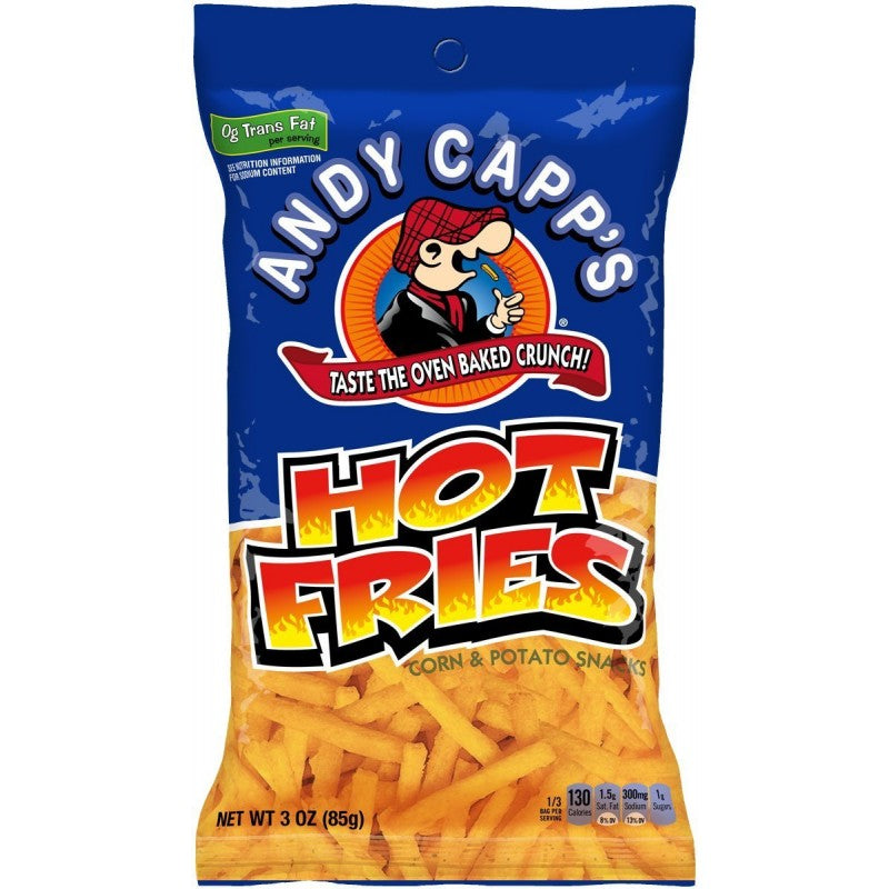 Front of Andy Capp Hot Fries bag displaying the logo, corn and potato snack details, and vibrant design (85g pack)
