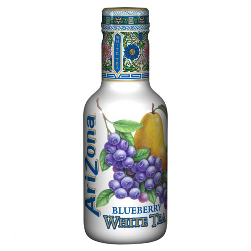 Front of AriZona Blueberry White Tea bottle showing the logo, blueberry illustrations, and product name with 500ml size.