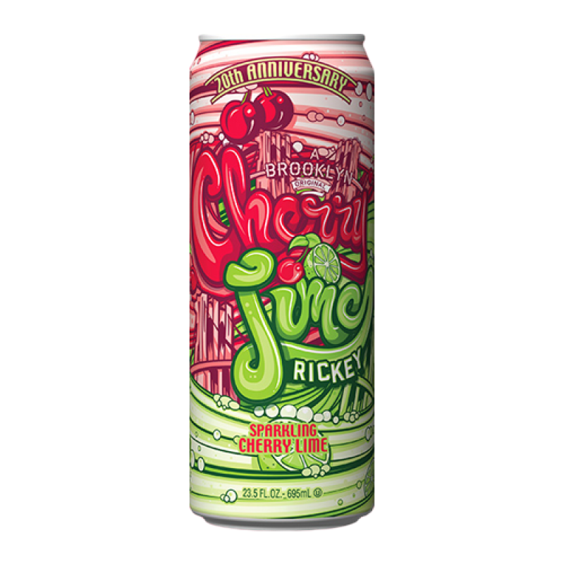 Front of AriZona Cherry Lime Rickey can featuring colourful cherry and lime graphics, sparkling beverage label, and 650ml size.