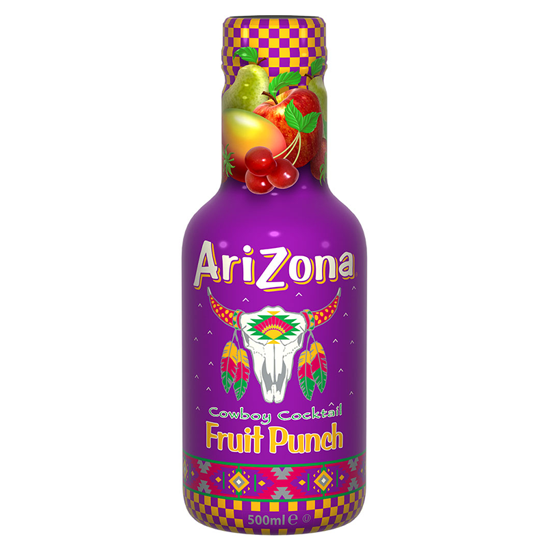 Front of AriZona Cowboy Cocktail Fruit Punch bottle showing colourful fruit illustrations, brand logo, and 500ml volume label.