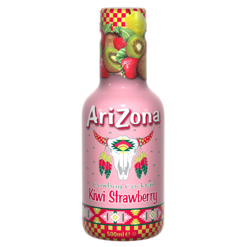 Front of AriZona Cowboy Cocktail Kiwi Strawberry bottle showing the logo, colourful fruit illustrations, and 500ml label.
