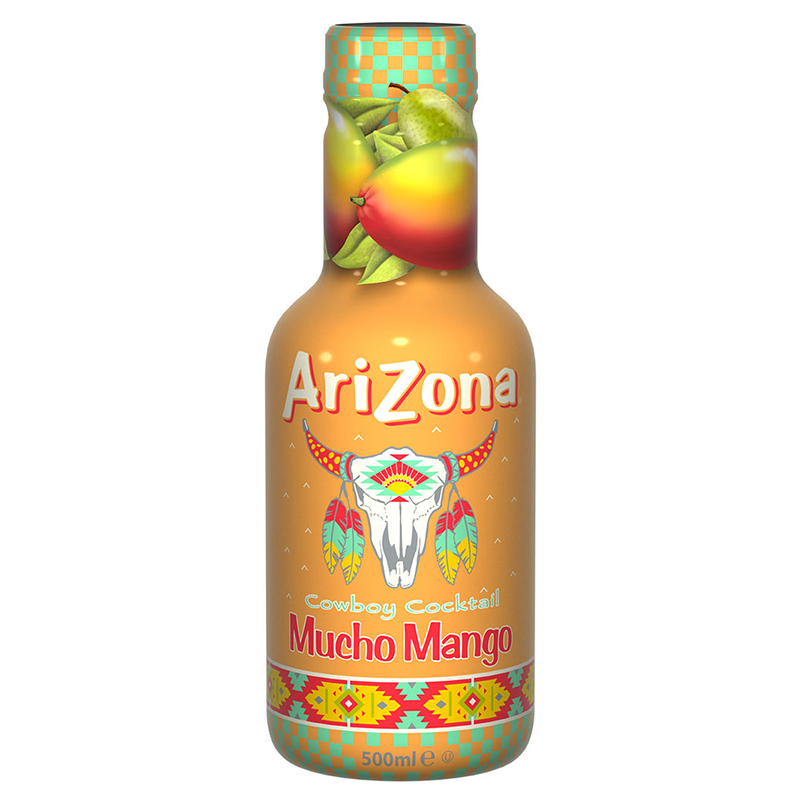 Front of AriZona Cowboy Cocktail Mucho Mango bottle showing vibrant mango design and logo (500ml pack)