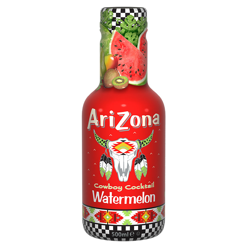 Front of AriZona Cowboy Cocktail Watermelon bottle displaying bright label with watermelon graphics and 500ml pack size