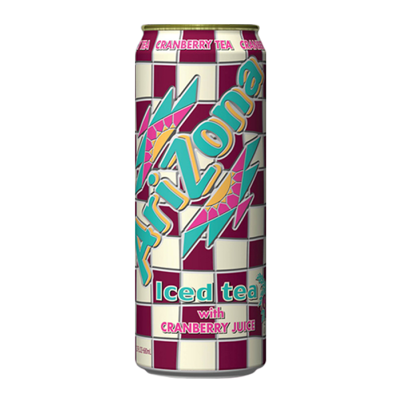 Front of AriZona Cranberry Ice Tea can with logo, vibrant design, and visible flavour text, featuring 650ml pack size.