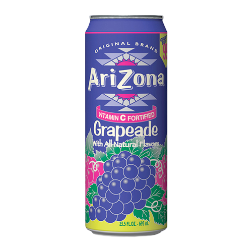 Front of Arizona Grapeade can featuring the brand logo, grape flavour design, and 650ml volume label.