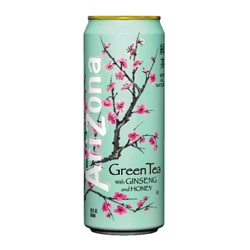 Front of AriZona Green Tea with Ginseng and Honey can featuring a light green background, floral design, and product details (650ml pack)