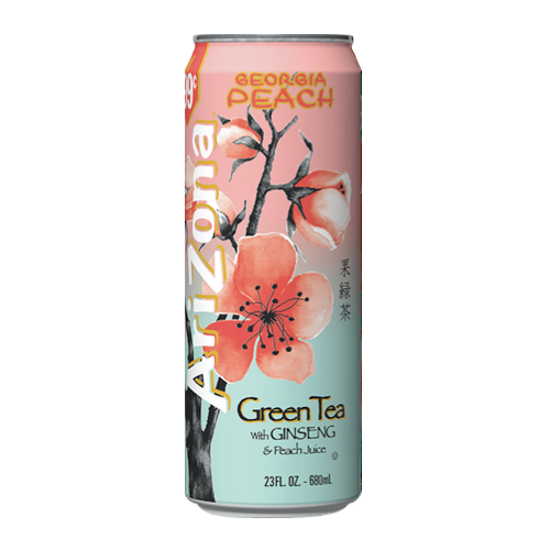 Front of Arizona Georgia Peach Ice Tea can showcasing the logo, peach flavour, and floral design with 650ml size information.