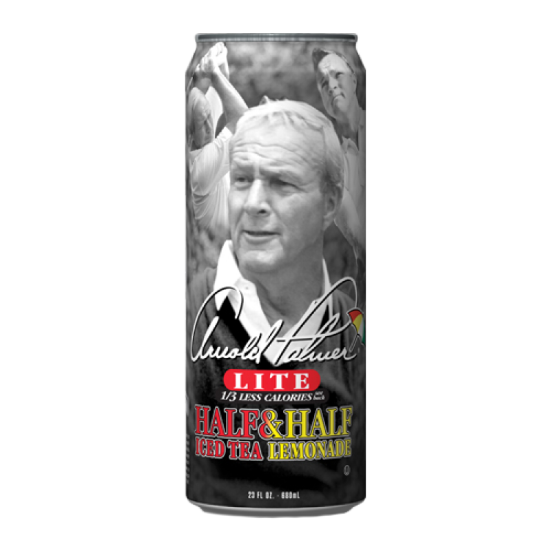 Front of AriZona Arnold Palmer Lite Half & Half Iced Tea Lemonade can showing logo, half tea half lemonade design, and 650ml volume.