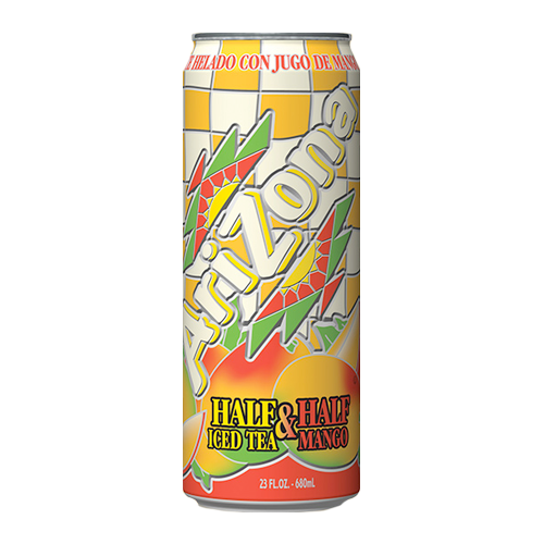 Front of Arizona Mango Half And Half can featuring vibrant design, logo, and imagery of iced tea and mango (650ml)