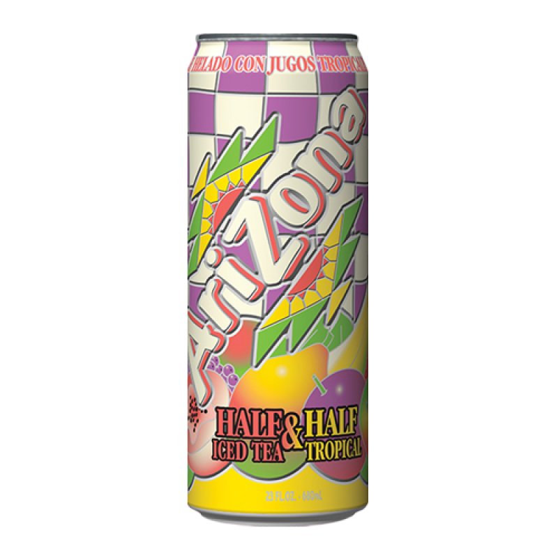 Front of AriZona Half & Half Tropical Iced Tea can showcasing the colourful design, brand logo, and iced tea label (650ml pack)