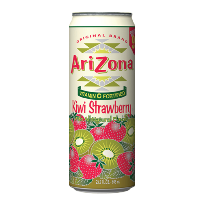Front of AriZona Kiwi Strawberry can featuring brand logo, kiwi and strawberry illustrations, and pack size of 650ml.