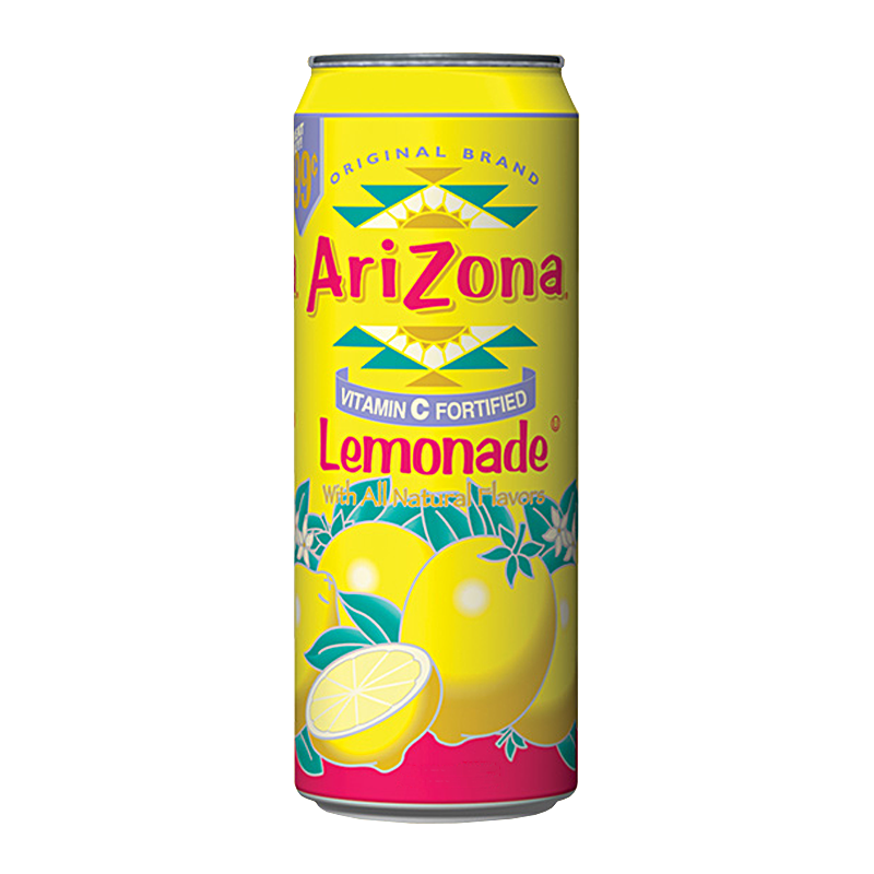 Front of AriZona Lemonade can displaying bright yellow label with logo, lemons graphic, and 650ml size.