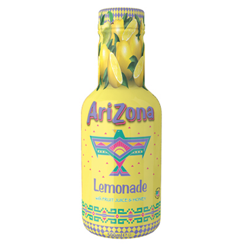 Front of AriZona Lemonade bottle showing yellow label with fruit juice and honey, vibrant logo, and illustrated lemons (500ml pack)