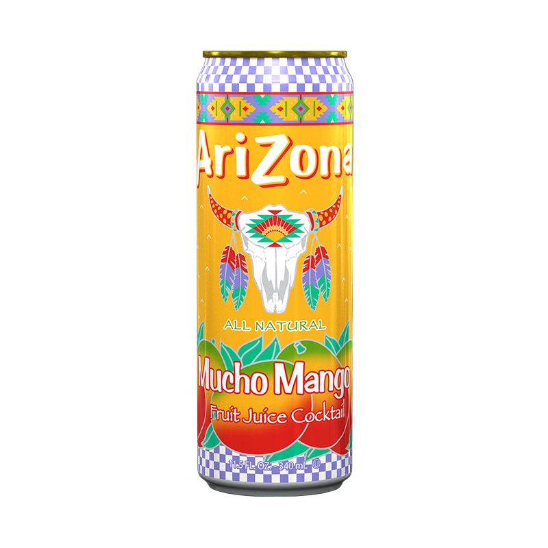 Front of Arizona Mucho Mango Slim Can showing bright yellow design, logo, and fruit juice cocktail details (340ml can)
