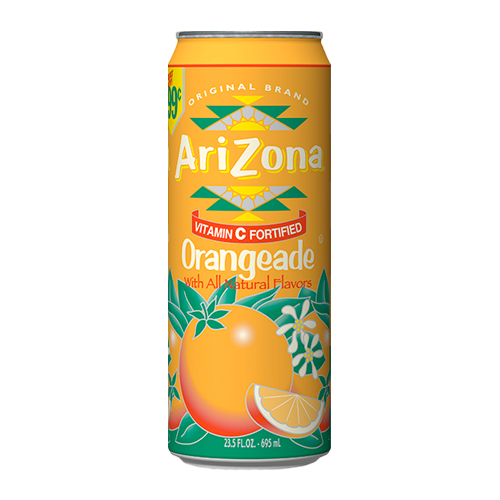 Front of Arizona Orangeade can featuring the logo, vibrant orange design, and images of oranges, 650ml pack
