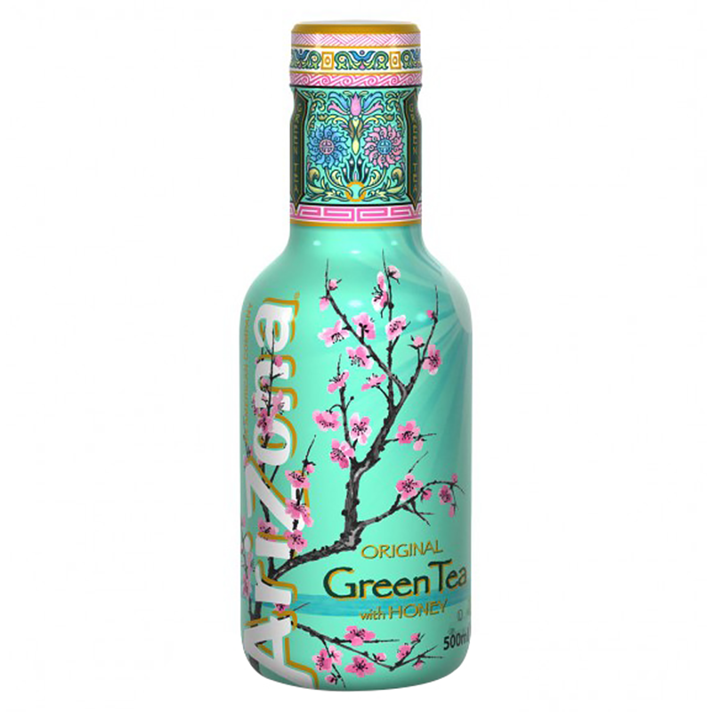 Front of AriZona Original Green Tea with Honey bottle showing vibrant floral design, product name, and 500ml size.