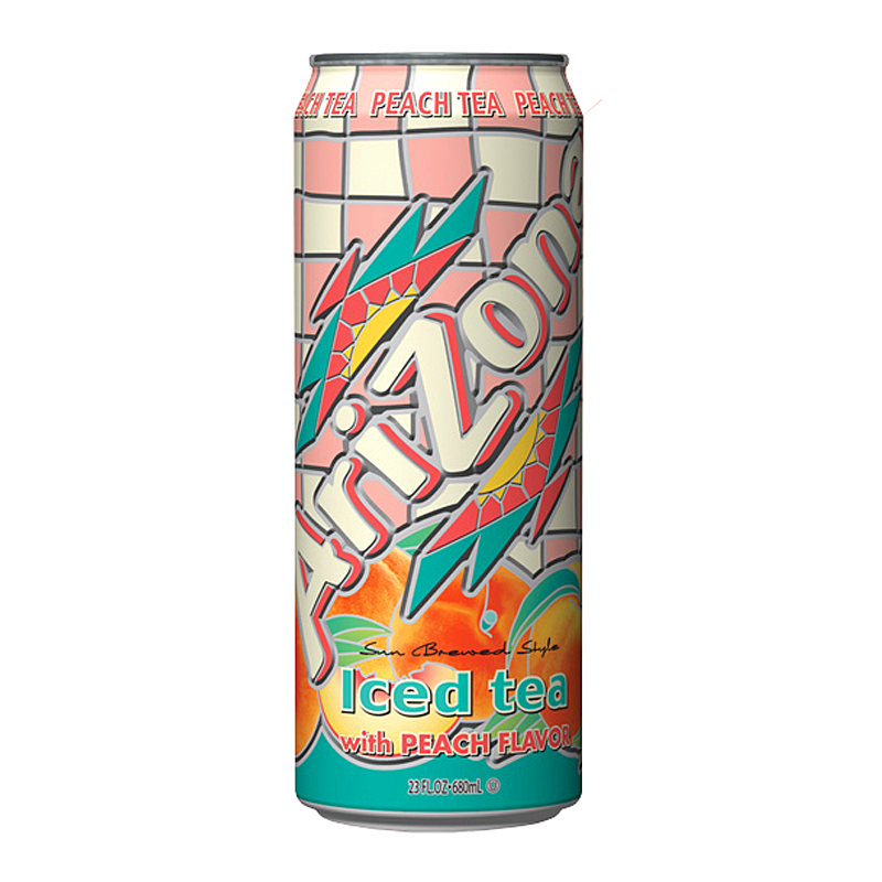 Front of AriZona Peach Iced Tea can featuring logo and vibrant peach graphics, showcasing the 650ml refreshing iced tea with peach flavour.