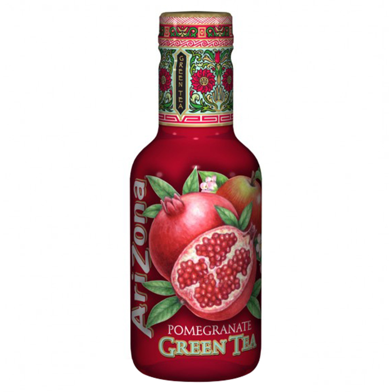 Front of AriZona Pomegranate Green Tea bottle featuring vibrant pomegranate design and bold logo (500ml)