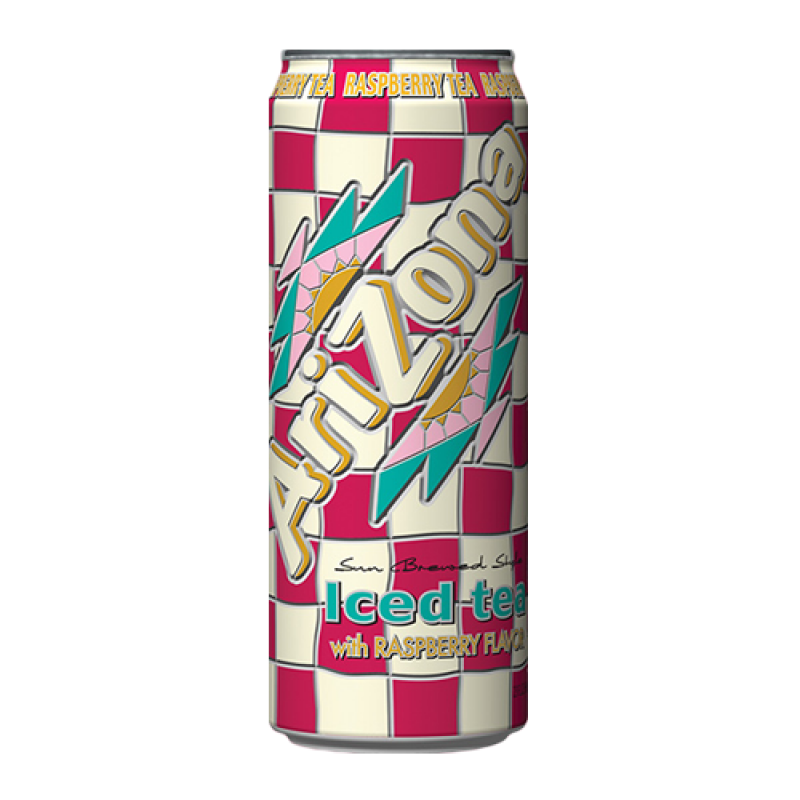 Front of AriZona Raspberry iced tea can featuring colourful design with logo, raspberry flavour text, and 650ml size indication.
