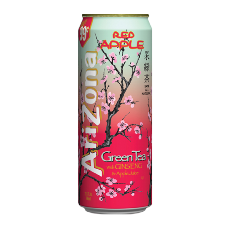 Front of AriZona Red Apple Green Tea can showing vibrant design, ginseng and apple juice labels, and 650ml pack size.