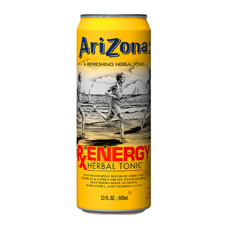 Front of AriZona RX Energy Herbal Tea can showing bright yellow label with logo, herbal tonic text, and image of energising figures running (650ml)