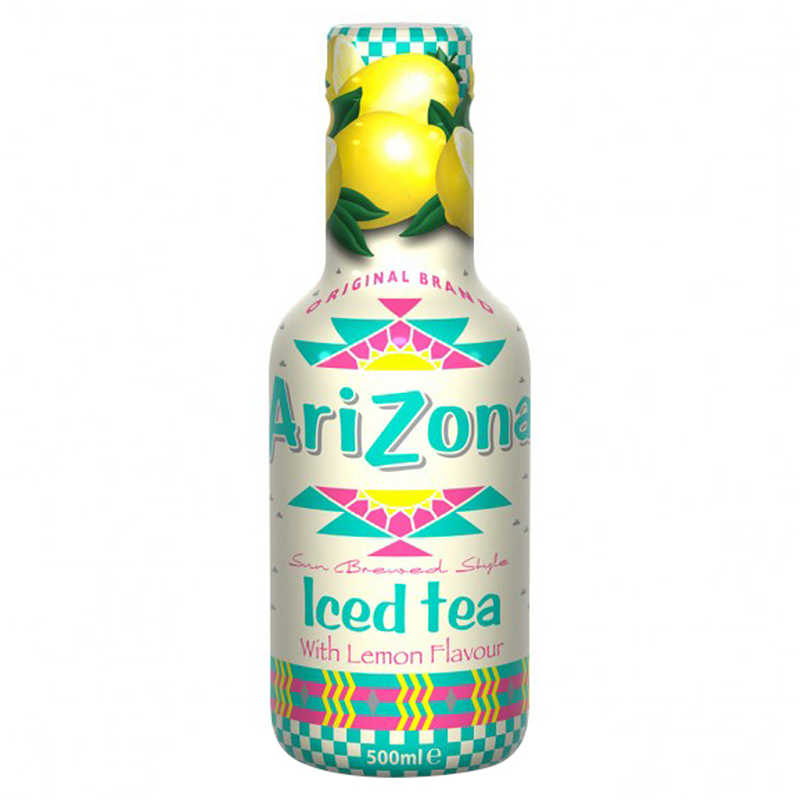 Front of AriZona Sun Brewed Style Iced Tea with Lemon Flavour bottle showing the logo, vibrant lemon imagery, and 500ml pack size.