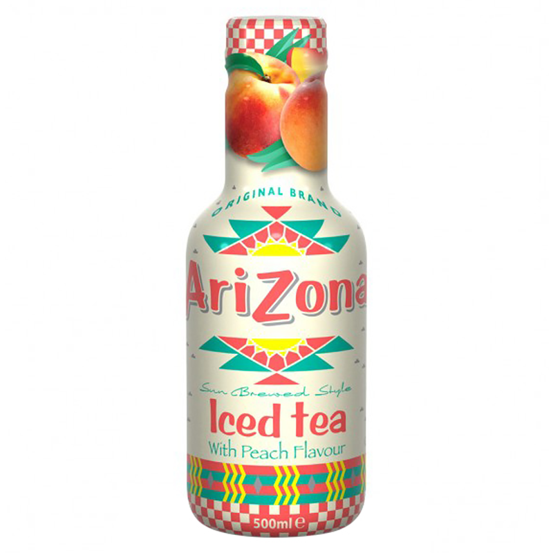 Front of AriZona Sun Brewed Style Iced Tea with Peach Flavour bottle showing logo, peach illustrations, and 500ml label