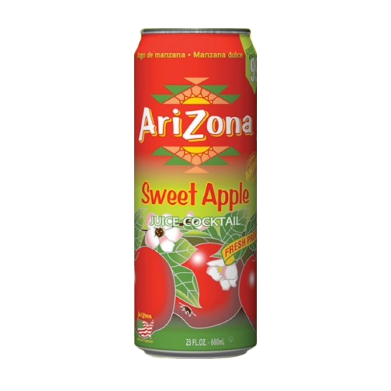 Front of AriZona Sweet Apple juice cocktail can featuring bright graphics, apple illustrations, and the 650ml pack size.