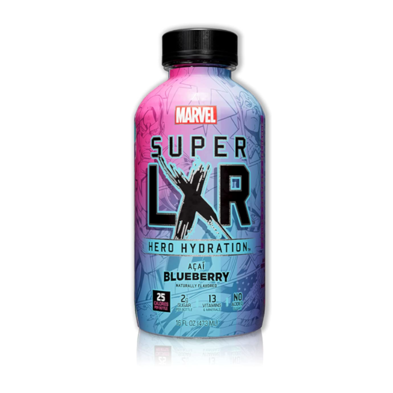 Front of Arizona x Marvel Super LXR Hero Hydration Açaí Blueberry bottle showing the logo, açaí blueberry flavour label, and vibrant packaging (473ml)