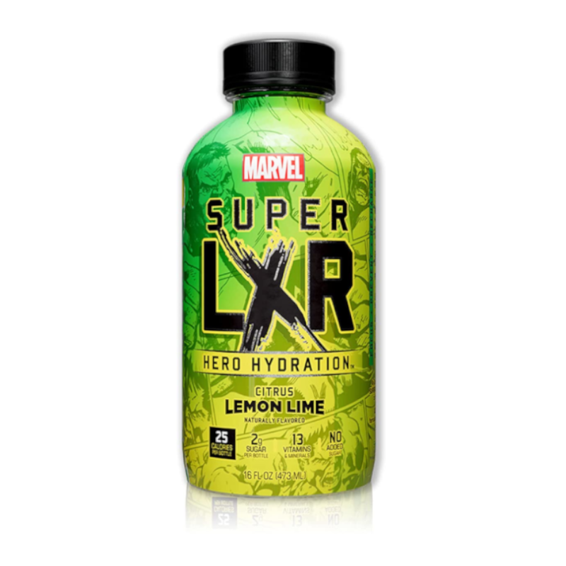 Front of Arizona x Marvel Super LXR Hero Hydration Citrus Lemon Lime bottle showing vibrant green design, bold logo, and hydration details (473ml pack)