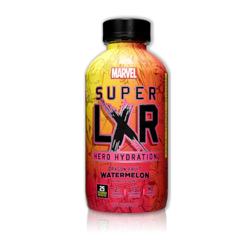 Front of Arizona x Marvel Super LXR Hero Hydration bottle featuring vibrant label design, dragon fruit and watermelon flavour, and pack size 473ml.