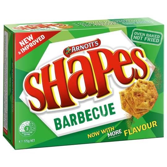 Front of Arnott’s Shapes Barbecue box featuring bold red logo and barbecue flavour label with crispy shapes (175g pack)