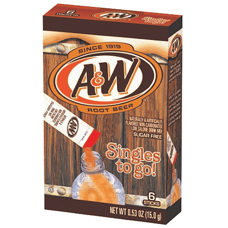 Front of A&W Root Beer Singles To Go box featuring the logo, flavour details, and 15g pack size with six sticks visible.