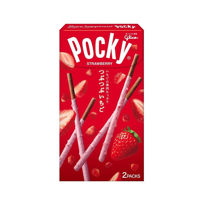 Front of Pocky Strawberry box showing red design, strawberry flavour label, and biscuit sticks with strawberry coating (55g pack)