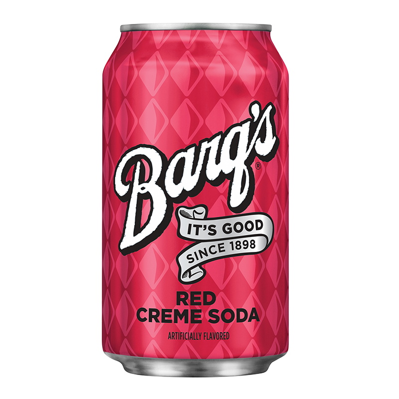 Front of Barq's Red Crème Soda can showcasing the logo, vibrant red design, and label details (355ml)