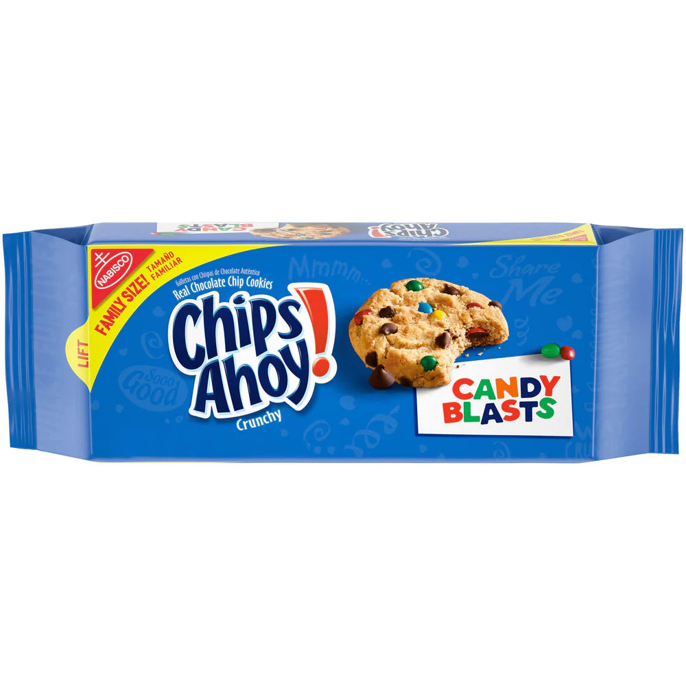 Front of Chips Ahoy! Candy Blast Cookies package showing blue packaging with logo, crunchy cookies, and colourful candy pieces (352g pack)