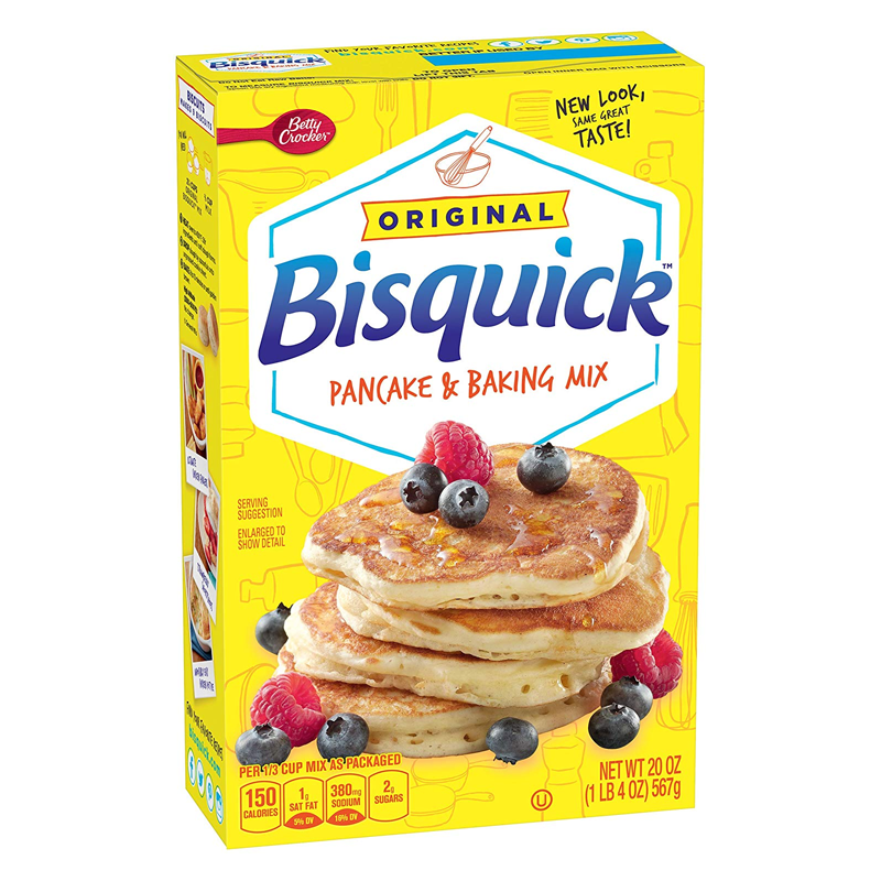 Front of Bisquick Pancake & Baking Mix box showcasing the yellow packaging, blue logo, pancakes with berries, and 567g weight.