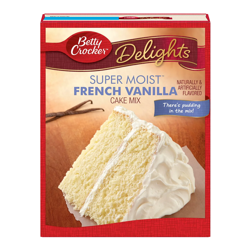 Front of Betty Crocker Super Moist French Vanilla Cake Mix packet showing logo, cake image, and flavour details (432g pack)